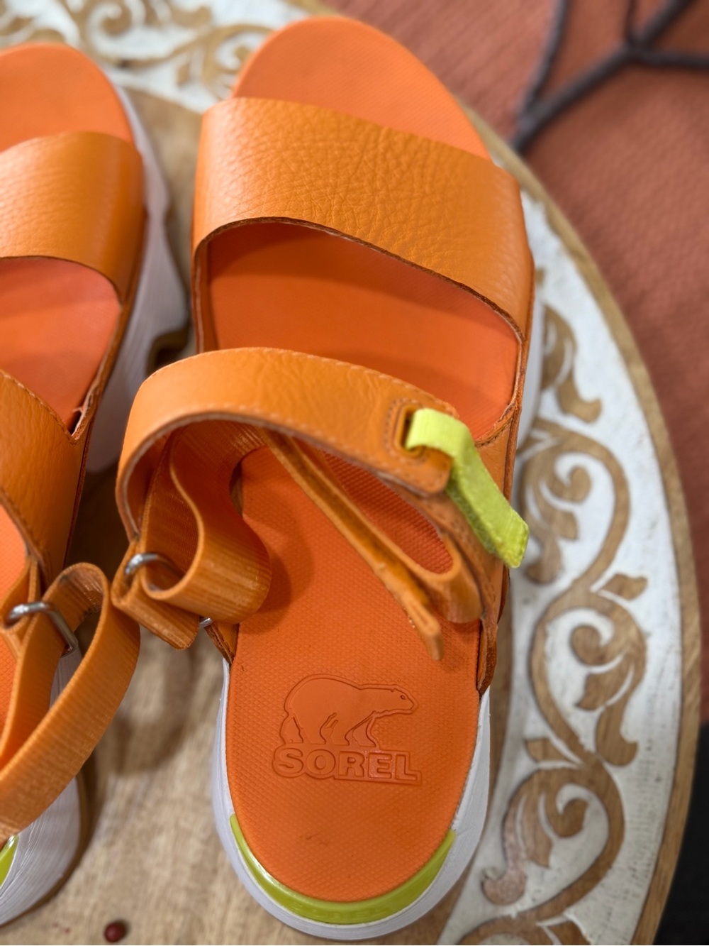 Sorel Orange Leather Strap Sport Sandals with Neon Accent
